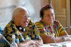 Graça Machel Mandela, former first lady of both South Africa and Mozambique, speaks at a conference on human fraternity at the Vatican May 10, 2024. To the right is Rigoberta Menchú Tum, an Indigenous Guatemalan human rights activist and 1992 Nobel Peace Prize winner.