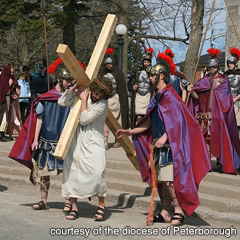 The diocese of Peterborough’s seventh annual Way of the Cross will take place on Good Friday. Above, an actor portraying Jesus carries the Cross surrounded by Roman soldiers during a previous walk.