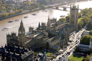 This is an aerial view of The Houses of Parliament in London. After a vote in the House of Lords, abortion and same-sex marriage will be made legal in Northern Ireland unless self-government in the province is restored within three months.