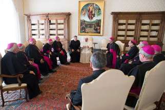 Pope Francis meets with 10 bishops of Canada&#039;s Atlantic region March 16 during their &quot;ad limina&quot; visits to the Vatican. 