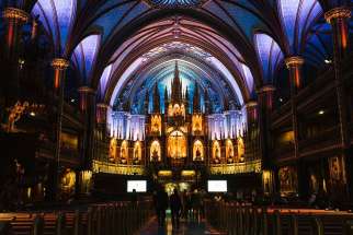 The ceiling of Montreal’s Notre Dame Basilica turns into a multi-coloured, multimedia landscape during the Aura experience that begins March 20.