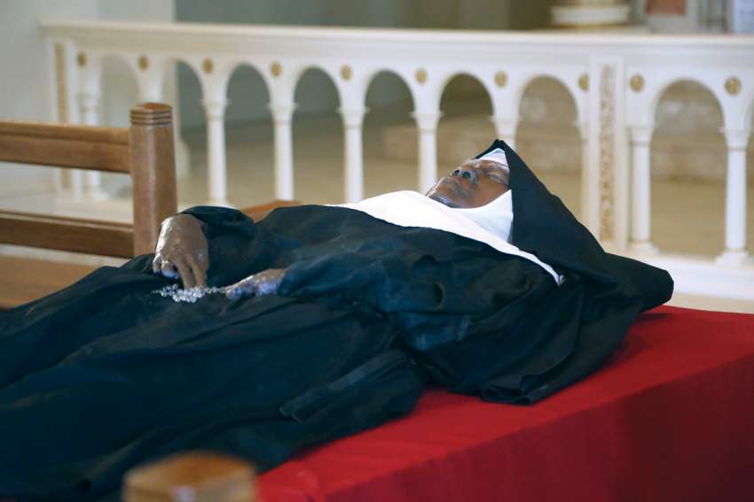 The exhumed body of Sr. Mary Wilhelmina Lancaster, OSB, founder of the Benedictines of Mary, Queen of Apostles, lies in repose at the Abbey of Our Lady of Ephesus in Gower, Mo., May 21.