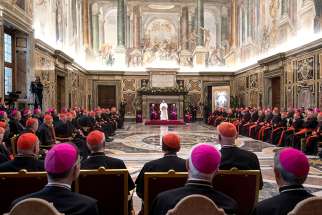 In this 2017 file photo, Pope Francis speaks during his annual pre-Christmas meeting with top officials of the Roman Curia and members of the College of Cardinals in Clementine Hall at the Vatican. 