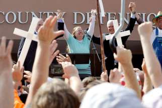 Kim Davis, a Rowan County, Ky., clerk, celebrates her release Sept. 8 from the Carter County Detention center in Grayson, Ky. The Vatican Sept. 30 did not deny reports that while in Washington, Pope Francis briefly met with Davis, who was jailed for refusing to issue marriage licenses to same-sex couples.