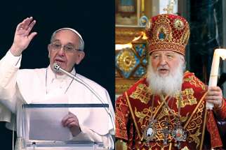 Pope Francis, left, was to meet Russian Orthodox Patriarch Kirill Feb. 12 in Cuba. Ukrainian Catholics hope they will be treated as a full partner in the historic dialogue between Rome and Moscow.
