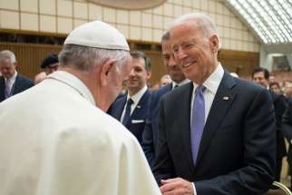 Pope Francis greets U.S. Vice President Joe Biden at a conference on adult stem cell research at the Vatican April 29. Biden officiated a same-sex wedding of two longtime White house aides on August 1.
