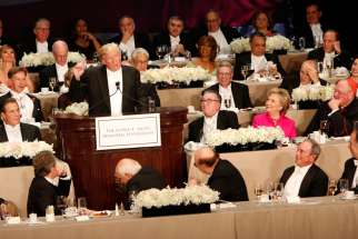 Republican U.S. presidential nominee Donald Trump addresses the audience during the 71st annual Alfred E. Smith Memorial Foundation Dinner at the Waldorf Astoria hotel in New York City Oct. 20.