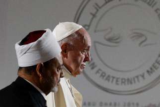 Pope Francis and Sheik Ahmad el-Tayeb, grand imam of Egypt&#039;s al-Azhar mosque and university, are seen in Abu Dhabi, United Arab Emirates, Feb. 4, 2019. Pope Francis welcomed Abu Dhabi&#039;s formation of an international committee to implement the &quot;Document for Human Fraternity for World Peace and Living Together,&quot; which he and Sheik el-Tayeb signed in the country in February.