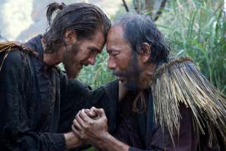 Andrew Garfield plays Father Rodrigues and Shinya Tsukamoto plays Mokichi in the film &#039;Silence&#039; by Paramount Pictures, SharpSword Films, and AI Films