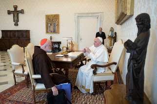Pope Francis meets with Cardinal Sean P. O&#039;Malley of Boston, president of the Pontifical Commission for the Protection of Minors, during a private audience at the Vatican April 4, 2019. Cardinal O&#039;Malley was at the Vatican for meetings of the commission and also the Council of Cardinals, a group that advises Pope Francis.