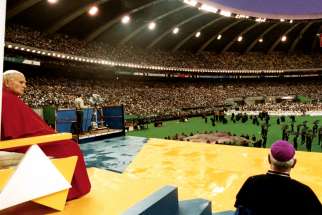 Pope John Paul II at Montreal’s Olympic Stadium during his 1984 visit to Canada. He is the only pope to visit Canada, which he did three times, the last in 2002.