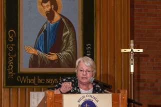 Sr. Nuala Kenny in front of an icon of St. Joseph as she speaks at Novalis’ Living with Christ Appreciation Night Oct. 4 at Toronto’s Regis College.