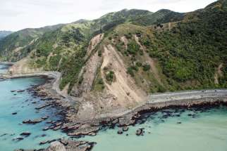 Landslides block State Highway One near Kaikoura, New Zealand, on Nov. 15, a day after a strong earthquake shook the area.