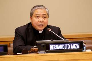 Archbishop Bernardito Auza, the Vatican&#039;s permanent observer to the United Nations, seen here in 2016, spoke at a a panel on human-made crises as drivers of migration May 22.