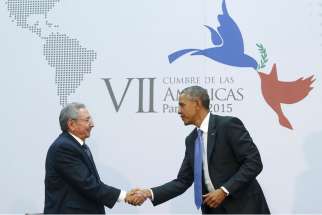 Cuba&#039;s President Raul Castro shakes hands with U.S. President Barack Obama as they hold a bilateral meeting during the seventh Summit of the Americas in Panama City April 11. Obama and Castro, who shook hands at the summit, seek to restore ties between the Cold War foes.