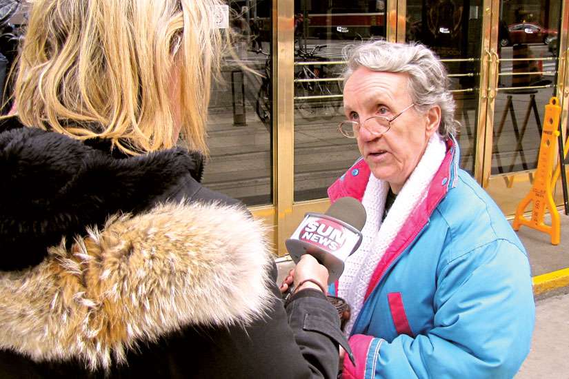 Linda Gibbons is interviewed Nov. 12 by media after charges were withdrawn against her in a Toronto courtroom for her pro-life activism.