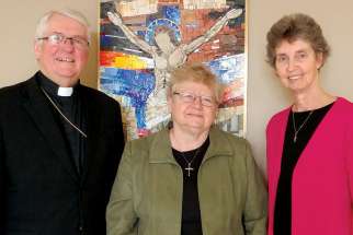 CCCB President Bishop Douglas Crosby, NAVFD president Sr. Mary Rowell and executive director Sr. Nancy Sullivan discuss how the survey’s results will enhance NAVFD’s 2018 conference in Hamilton, Ont.