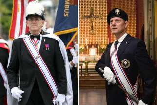 Left: current Knights of Columbus fourth degree regalia; Right: new proposed changes which, while retaining the sword and sash, eliminate the cape and plumed chapeau. The changes that were first adopted in 2017 finally take effect in Ontario on July 1. 
