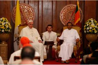 Pope Francis and Sri Lankan President Maithripala Sirisena visit in a presidential office in Colombo, Sri Lanka, Jan. 13.