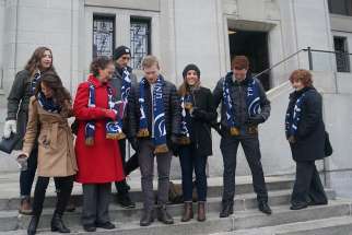 Trinity Western law students stand outside Canada&#039;s Supreme Court. 