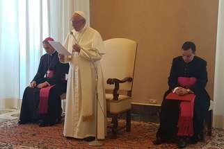 Pope Francis speaks to seminarians studying in Rome&#039;s Pontifical Romanian College May 5.   