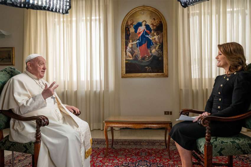 Pope Francis sits down exclusively with &quot;CBS Evening News&quot; anchor Norah O&#039;Donnell at the Vatican April 24, 2024, for an interview ahead of the Vatican&#039;s inaugural World Children&#039;s Day. The CBS interview marked the first time a pope has given an in-depth, one-on-one interview to a U.S. broadcast network, according to the network.
