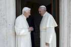 Retired Pope Benedict XVI talks with Pope Francis during a meeting at the Vatican in this June 30, 2015, file photo. Benedict said in a recent interview that, unlike his successor, governance wasn&#039;t his gift.
