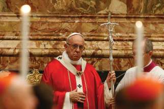 Pope Francis celebrates a Mass in memory of cardinals and bishops who died in the past year, in St. Peter&#039;s Basilica at the Vatican Nov. 3. 