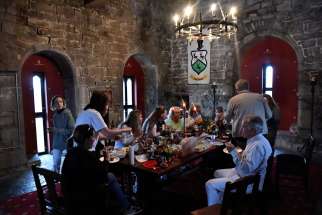 Ukrainian refugees from Dnipro and Zaporizhzhia sing happy birthday in 15th-century Ballindooley Castle in Galway, Ireland, April 16, 2022. Owner Barry Haughian offered his castle as shelter for two families of Ukrainian refugees.