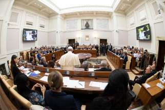 Pope Francis addresses participants of a Vatican climate change conference for finance ministers from around the world May 27, 2019. The conference, &quot;Climate Change and New Evidence from Science, Engineering and Policy,&quot; was sponsored by the Pontifical Academy of Science. Among the issues discussed during the event was the fulfillment of the U.N. Sustainable Development Goals. 