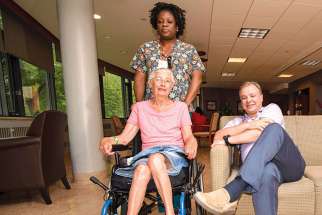 Nurse Ophelia Brown, palliative patient Barbara Rule and Dr. Richard Brodie at Toronto’s Providence Healthcare.