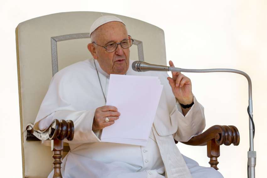 Pope Francis marks the World Day of Prayer for the Church in China during his weekly general audience May 24, 2023, in St. Peter&#039;s Square at the Vatican.
