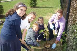 At St. Matthew Catholic Elementary School in Binbrook, near Hamilton, students plant trees as part of their ecological education. All schools In the Hamilton-Wentworth Catholic board are EcoSchool certified. 