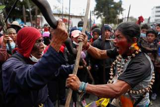 Indigenous people take part in a protest against Ecuadorian President Lenin Moreno&#039;s austerity measures in Quito, Ecuador, Oct.11, 2019. Ecuadorian observers at the Synod of Bishops for the Amazon at the Vatican are keeping an eye on massive protests that have claimed the lives of at least five people in their country.