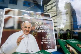 Pope Francis calendars are displayed for sale in a bookstore in Nairobi, Kenya, Nov. 7. A Kenyan bishop said the church is comfortable with the security preparations for the reception of Pope Francis, in the wake of the Paris attacks that appear to have targeted crowded areas.