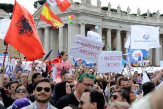 People gather for a May 4 pro-life demonstration in St. Peter&#039;s Square at the Vatican. According to organizers, more than 50 pro-life groups active in some 20 countries took part in the march.