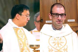 Fr. Joshua Roldan, 29, at left, and Fr. Jim Zettel, 33, are two of eight priests in the Archdiocese of Toronto concluding their first year in the priesthood