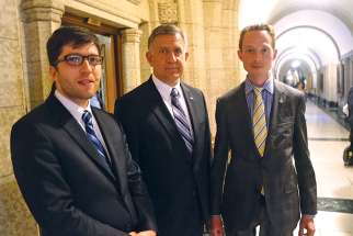 Conservative MPs Garnett Genuis, Ted Falk and Michael Cooper after the House of Commons rejected a series of Tory amendments to improve safeguards and conscience rights protections in Bill C-14.