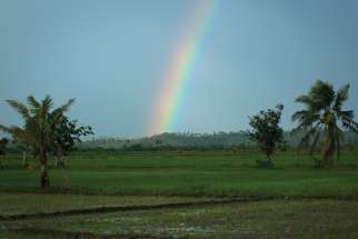 A rainbow is a sign of God’s covenant and blessing to humans.
