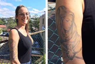 Emma Fradd shows off her tattoo of Our Lady of Seven Sorrows. 