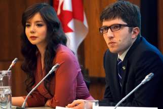 Miss World Canada 2015, actress and human rights activist Anastasia Lin, and Conservative MP Garnett Genuis at an April 3 Parliamentary forum on religious freedom.