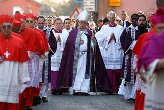 Pope Francis arrives in procession to celebrate Ash Wednesday Mass at the Basilica of Santa Sabina in Rome March 6, 2019.