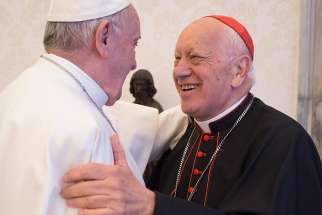 Pope Francis greets Cardinal Ricardo Ezzati Andrello of Santiago, Chile, during a meeting with representatives of the Chilean bishops&#039; conference at the Vatican Jan. 14. The Pope and the leadership of the conference met to talk about the sex abuse crisis affecting the church in Chile.