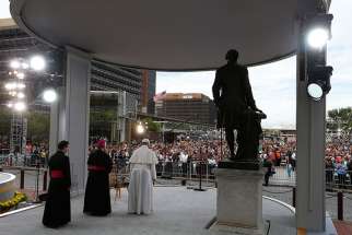 Pope Francis looks out to the crowd as he arrives to give an address from Independence Hall in Philadelphia Sept. 26. 