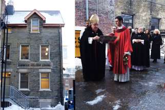 After a celebratory Mass, Cardinal Thomas Collins blesses the new Ryerson Catholic Student Centre, located at 200 Church St. in Toronto. The front facade of the centre is shown on the left.