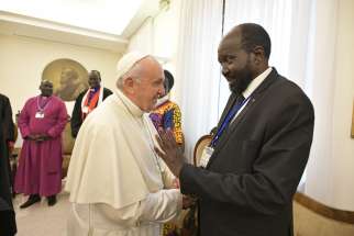 Pope Francis greets South Sudan President Salva Kiir April 11, 2019, at the end of a two-day spiritual retreat the pope hosted in the Domus Sanctae Marthae at the Vatican for the political leaders of South Sudan.