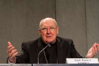 Cardinal Kevin J. Farrell, prefect of the Dicastery for the Laity, Family and Life, answers questions at a Vatican news conference on the 2018 World Meeting of Families, which will be held in Dublin. 
