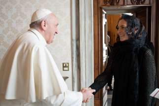 Pope Francis meets with Beatriz Gutiérrez Müller, wife of Mexican President Andrés Manuel López Obrador, during a private audience at the Vatican Oct. 10, 2020. The president&#039;s wife delivered a letter from the president asking Pope Francis to apologize for the church&#039;s role in the Spanish colonization of the Americas. 