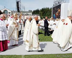 Pope Benedict XVI arrives to celebrate Mass at an open-air stadium in Serravalle, San Marino, June 19. Some 22,000 people attended the Mass.