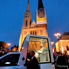 Pope Benedict XVI arrives in his popemobile in front of Zagreb's cathedral in Croatia June 4. The pope was on a two-day apostolic journey to the Croatian capital. (CNS photo/Nikola Solic, Reuters)